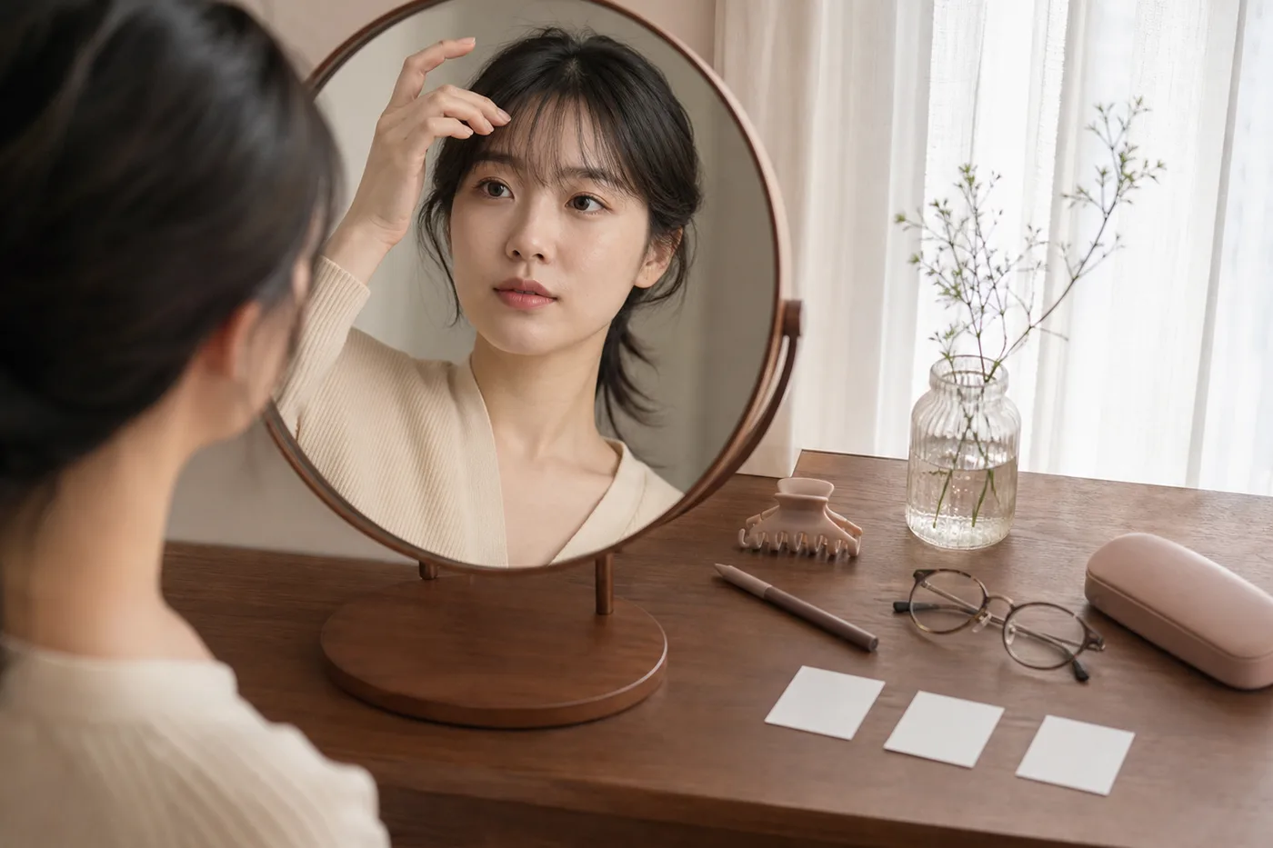 앞머리 안경 눈썹 화장 여부를 체크한 상담 노트와 거울