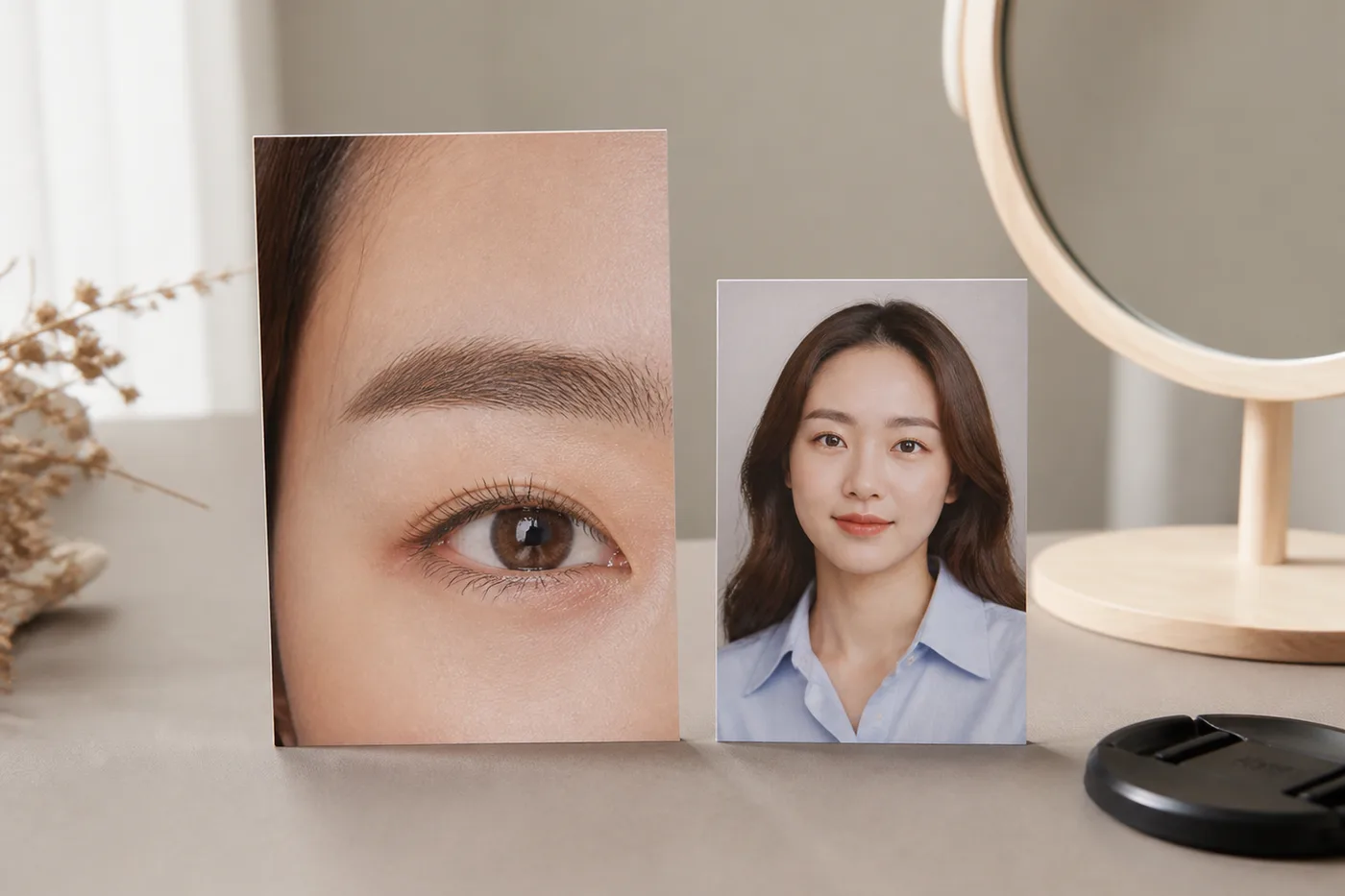 눈썹 확대와 얼굴 전체 거리 사진을 한 쌍으로 둔 비교 카드