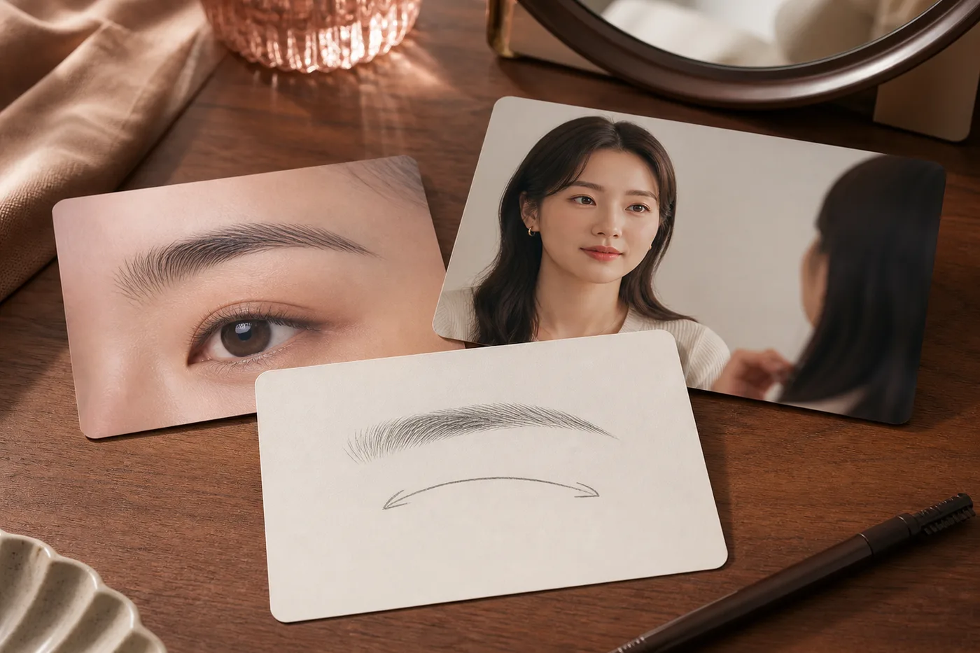눈썹 확대 사진과 얼굴 전체 사진 옆에 원래 숱과 방향 메모를 둔 책상