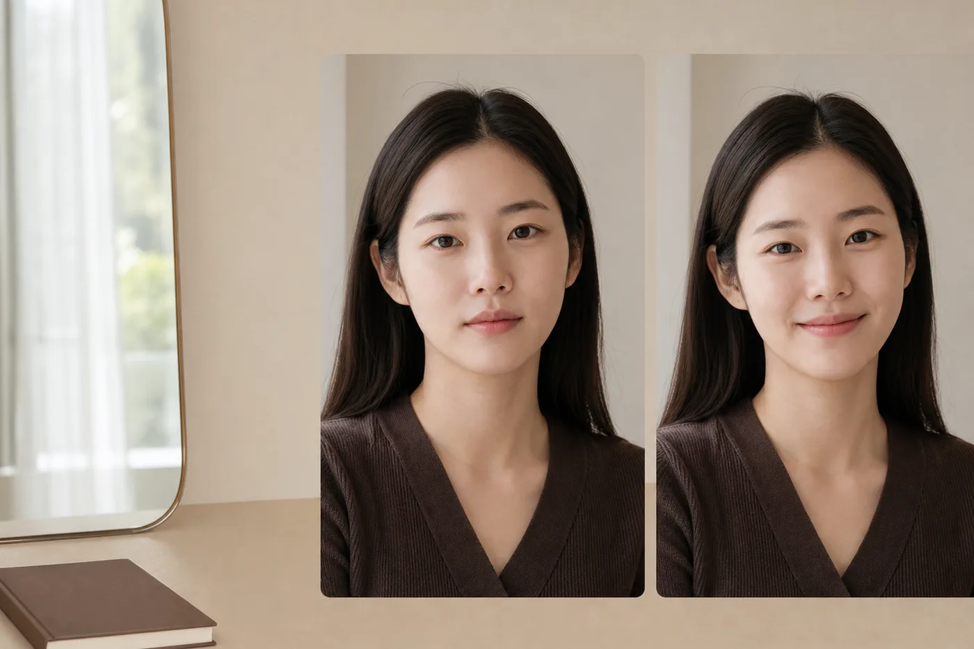 편한 정면과 가벼운 미소를 같은 높이에서 비교한 얼굴 사진 카드